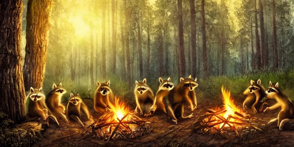 Image similar to A small group of racoons is sitting in the forest next to a campfire. There is a wolf sneaking from the side. Cinematic, very beautiful, painting in the style of Lord of the rings