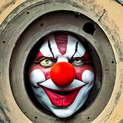 Image similar to clown peeking head out of artillery barrel