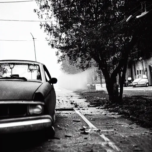 Image similar to an abandoned car in the middle of the street, dark smoke in the background, filthy streets, broken cars. Vines growing. Jpeg artifacts. Trending on flickr. Full-color photo. Samyang/Rokinon Xeen 50mm T1.5