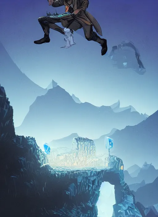 Prompt: comic book art of a [ man ] in trenchcoat in armour crossing a [ bridge ] above a [ cliff ] [ mountain in the background ] [ forest ] made of crystalized glowing rock, a [ glowing temple ] extends into the sky, low angle, artstation illustration, elegant, arcane by tim doyle