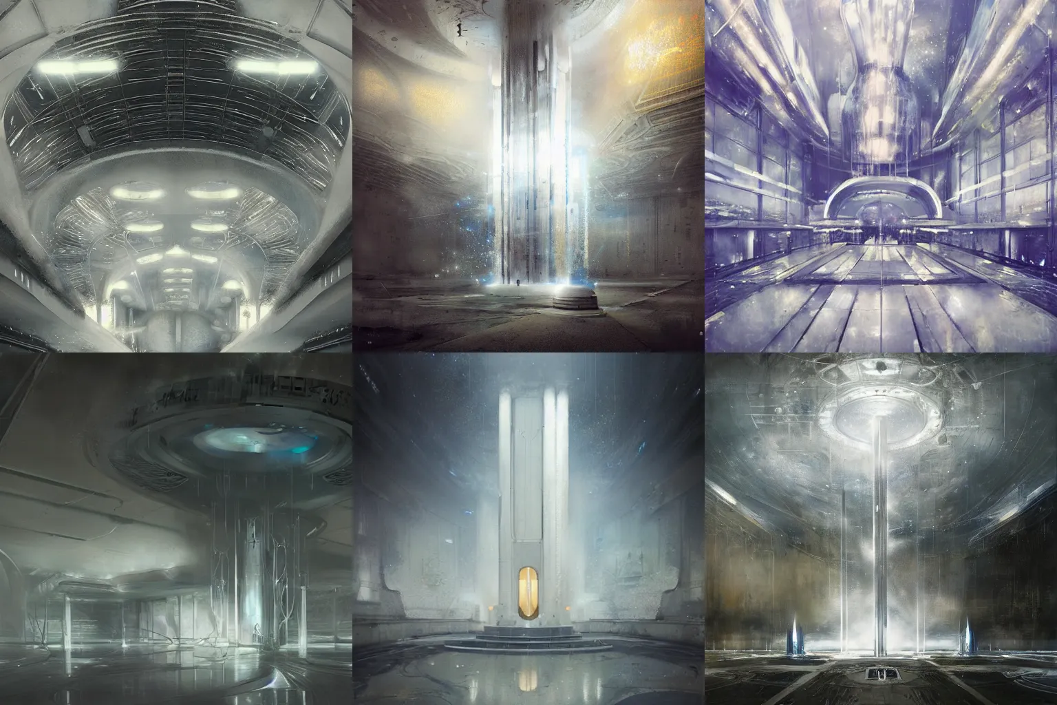 Prompt: a futuristic spaceport by cy Twombly and BASTIEN LECOUFFE DEHARME, silver White and gold, iridescent, volumetric lighting