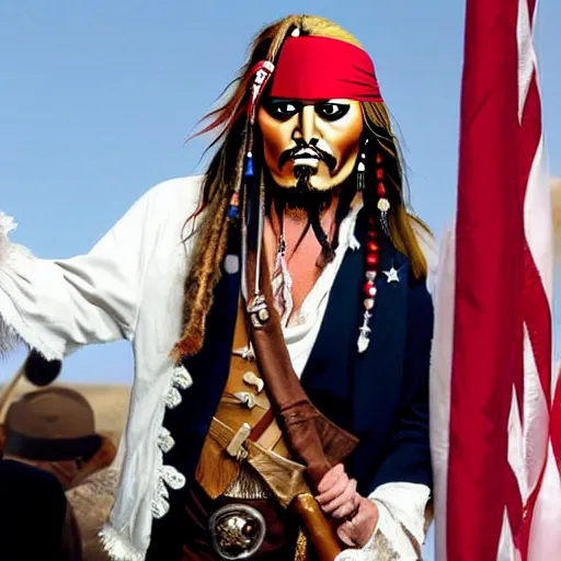 Image similar to donald trump dressed up as jack sparrow,