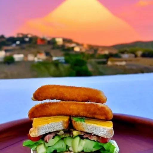 Prompt: sandwich with fried tofu, one tomato slice, mayonaisse, one onion ring, avocado, melted cheddar, over a dish that is over a table, with a sunset and rainbow in the background with saturn and stars in the sky