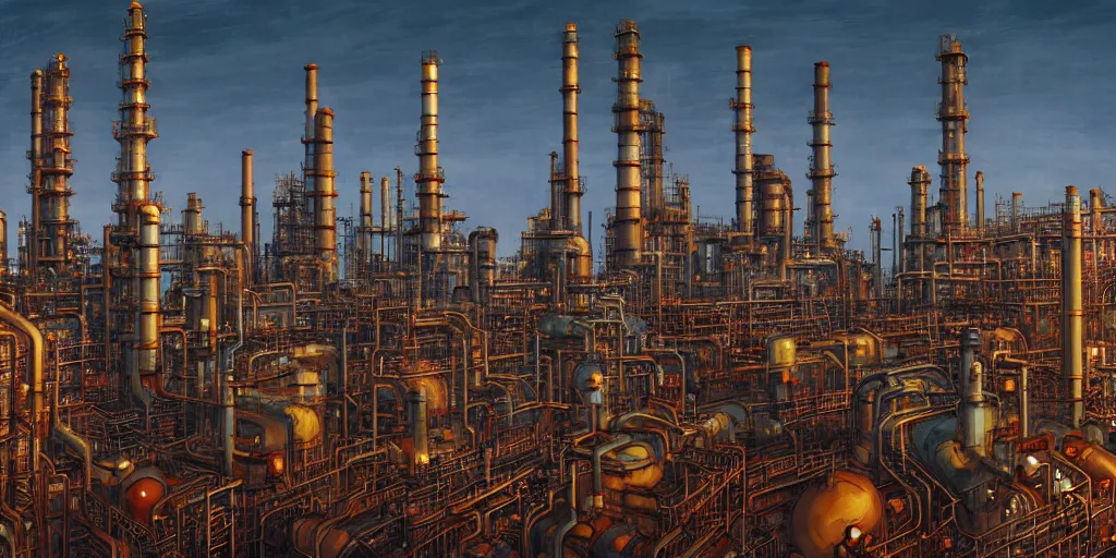 Prompt: a film still of a gigantic oil refinery from Tekkonkinkreet by Ian McQue , bits of broken light, vibrant, 70mm lens, video game character design, 2d game lineart behance hd, dramatic lighting, global illumination, trending on Artstation, bloom