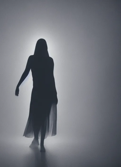 Image similar to a female silhouette, white glowing aura, diffraction grading, fog, film grain, cinematic lighting