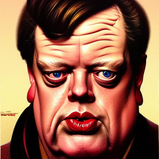 Image similar to dramatic upper body portrait of steve buscemi as baron harkonnen by norman rockwell and boris vallejo, artstation, concept creature character art, Dune 2021