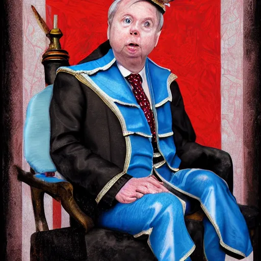 Image similar to portrait of lindsey graham dressed like a court jester. highly detailed, digital painting, cinematics, hyper realistic. dark retrowave. by stanley lau, villeneuve