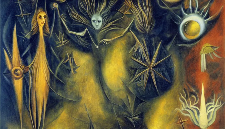 Image similar to surrealist otherworldly beautiful painting by Remedios Varo, Leonora Carrington, Leonor Fini, Jane Graverol, Marion Elizabeth Adnams, Edith Rimmington, Bridget Tichenor, high quality, high resolution, artistic wallpaper