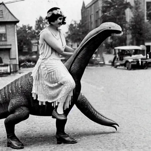 Image similar to 1920s flapper girl riding a dinosaur to the market, colorized