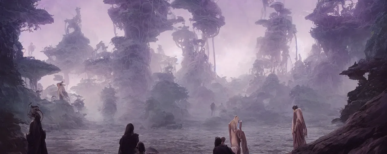 Prompt: A painting of priestesses worshipping at the jellyfish temple, shrouded in mist, jellyfish god, 8K, illustration, by ilya kuvshinov and Wojtek Fus and Justin Cheung and ArtGerm and Stéphane Roux, smoke, cinematic, insanely detailed and intricate, hypermaximalist, elegant, super detailed, award-winning, chartreuse and orange and cyan, mysterious, ancient, ritual, ethereal, trending in cgsociety, artstation HQ, ornate, elite, haunting, matte painting, beautiful detailed, insanely intricate details, artstation trending