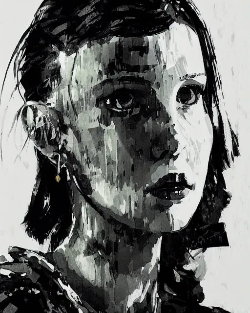 Image similar to portrait of millie bobby brown by yoji shinkawa, black and white