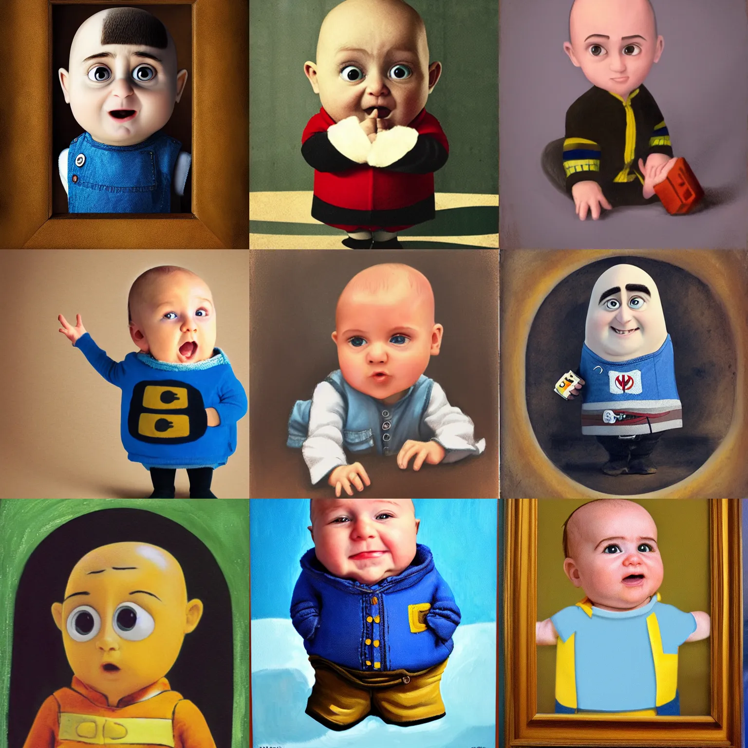 Prompt: portrait of baby gru saying i am gru