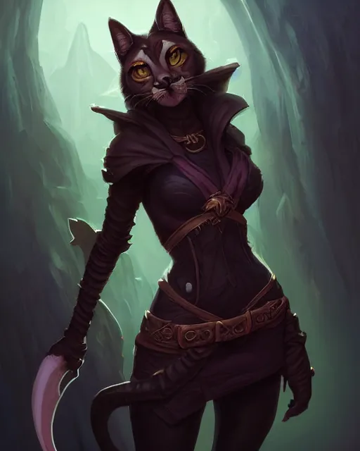 Prompt: Tabaxi :: Rogue, pretty, beautiful, DnD character art portrait, black hair, necromancy, matte fantasy painting, DeviantArt Artstation, by Jason Felix by Steve Argyle by Tyler Jacobson by Peter Mohrbacher, cinematic lighting.