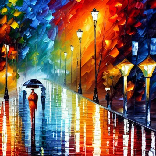 Image similar to a paint of rainy street by leonid afremov.