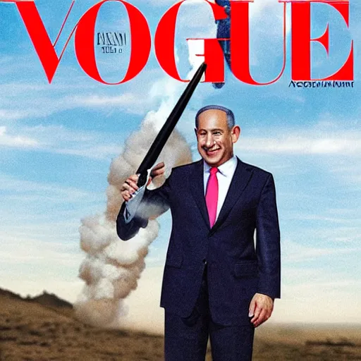 Prompt: a realistic portrait of benjamin Netanyahu holding a rocket missle in Vogue magazine, detailed face, highly detailed