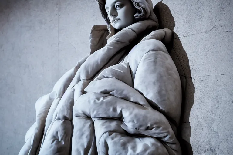 Image similar to well lit fashion shoot portrait of extremely beautiful female marble statue wearing huge over size puffer jacket by dingyun zhang, yeezy, balenciaga, vetements, a cold wall, sharp focus, clear, detailed,, cinematic, detailed, off white, glamourous, symmetrical, vogue, editorial, fashion, magazine shoot, glossy