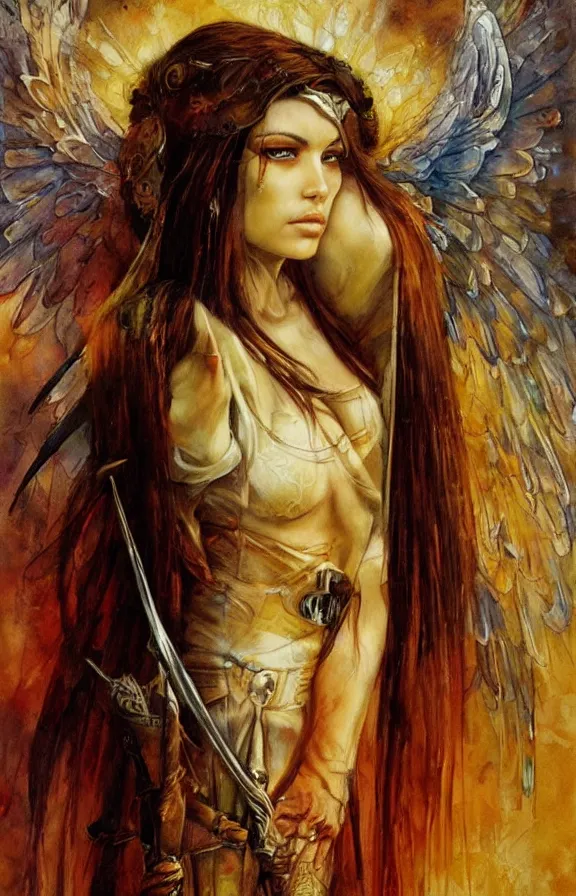 Prompt: a beautiful young medieval warrior, by karol bak, fine art, watercolor, technicolor, angelic