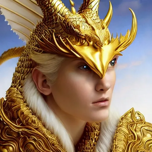 Image similar to Perfectly-centered portrait-photograph of a real life golden white king dragon from heaven, lifelike, super highly detailed, professional digital painting, artstation, concept art, Unreal Engine 5, Photorealism, HD quality, 8k resolution, cinema 4d, 3D, beautiful, cinematic, art by artgerm and greg rutkowski and alphonse mucha and loish and WLOP