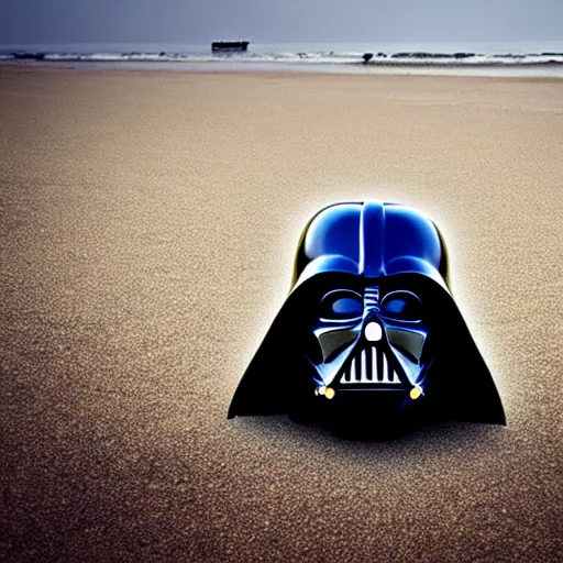 Image similar to darth vader mask laying on an abandoned beach, crabs crawling around, raining, somber