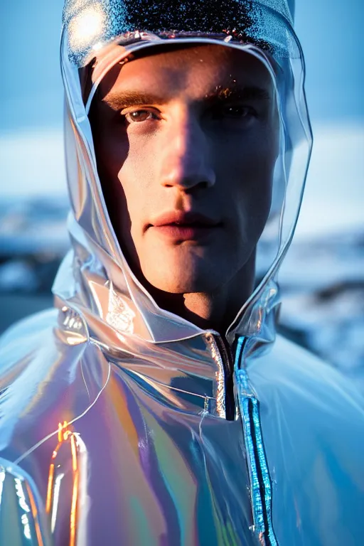 Image similar to an ultra high definition professional high fashion portrait studio full length photograph of a male model wearing a transparent pearlescent raincoat and neon visor in an icelandic black rock environment at dawn. no artefacts. extremely detailed. stark. refraction. shallow depth of field. volumetric light and shadow. ray tracing. light rays.