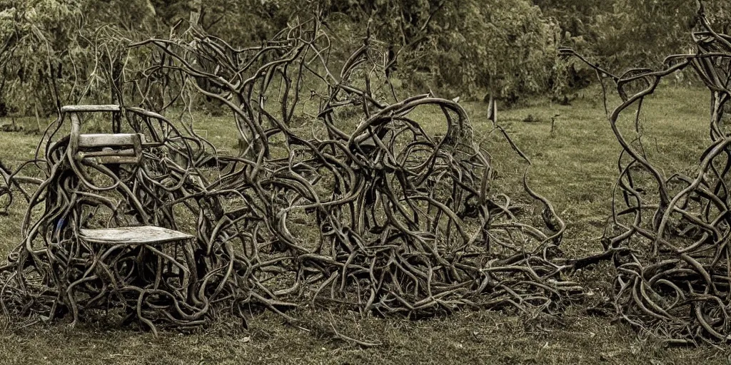 Prompt: an cursed chair made out of roots and vines in a gloomy grave yard