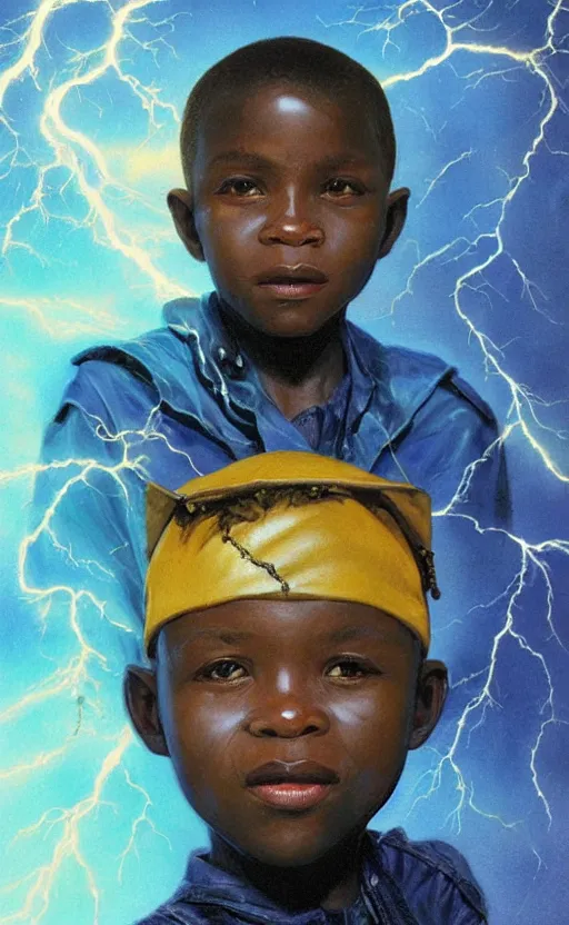 Image similar to upper half portrait of an african boy - in yellow cape - inside puffy clouds - surrounded by bolts of lightning - rays of light emanating from clouds - in drew struzan movie poster style, art by drew struzan & hsiao - ron cheng, highly detailed, digital painting, ray tracing, illustration, smooth, sharp focus, intricate, symmetry, artstation,