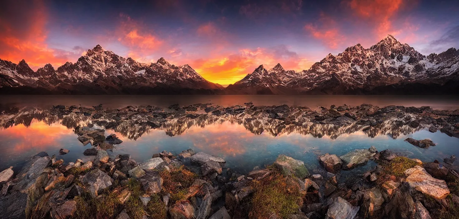 Image similar to amazing landscape photo of mountains with lake in sunset by marc adamus, beautiful dramatic lighting