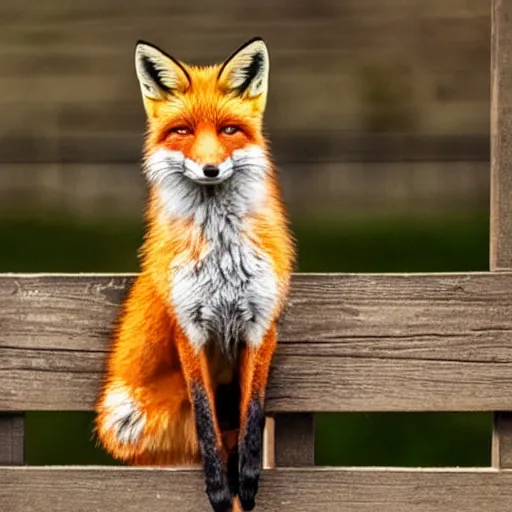 Prompt: one fox sitting ontop a wooden fence at night