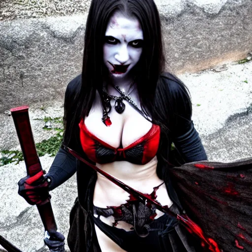 Prompt: photo of a real-life beautiful female vampire warrior, highly detailed