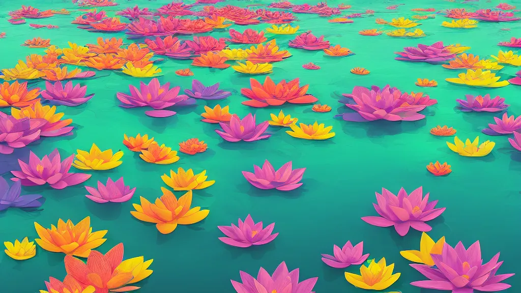 Prompt: digital illustration of a lake full of giant multi - colored lotus flowers by dr. seuss, reimagined by ilm and beeple : 1 | megaflora, spectral color, electric color, rolling hills : 0. 9 | fantasy : 0. 9 | unreal engine, deviantart, artstation, hd, 8 k resolution : 0. 8