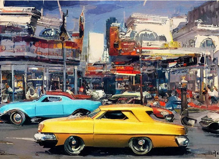 Prompt: hotrods driving down a street , vintage, highly detailed, by John Berkey