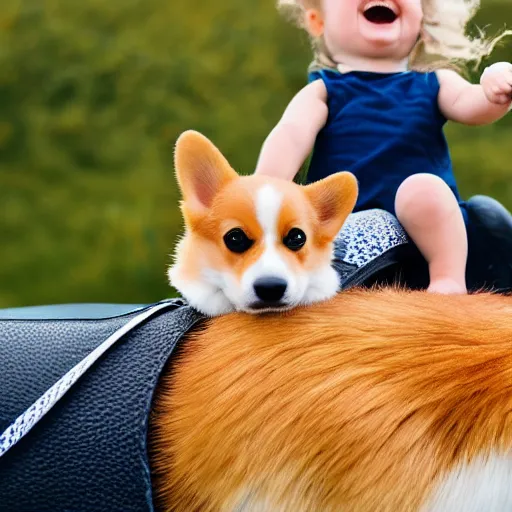 Prompt: 8k highly detailed photograph of a tiny person riding on the back of an adorable corgi, like a horse. blue saddle