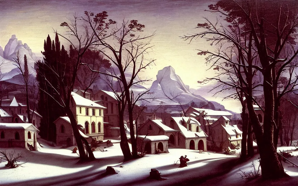Prompt: in the style of gerald brom, caravaggio, asher brown durand, beautiful small town, houses and buildings, 1 8 0 0 s, cobblestone roads, mid day, winter, mountains in the distance