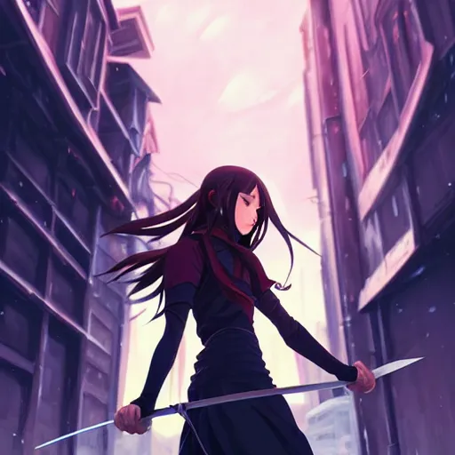 Image similar to a beautiful girl with long dark hair, sword fighting her brother, night, city background, sharp focus, intricate, digital painting, artstation, official media, anime key visual, highly detailed, rich vivid colors, ambient lighting, illustration, art by Artgerm, Makoto Shinkai, Ilya Kuvshinov, Lois Van Baarle, and Rossdraws