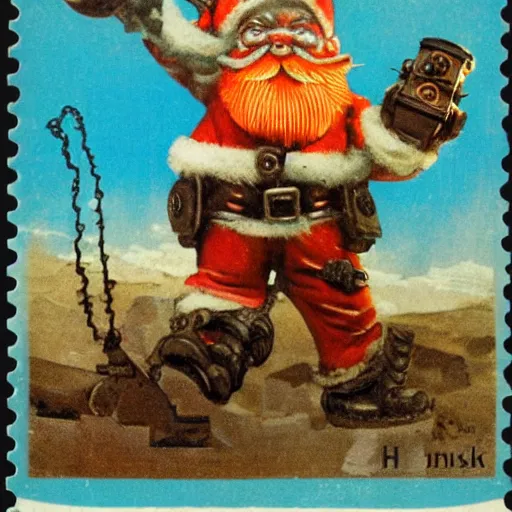 Image similar to bioshock steampunk orange mohawk Streetfighter Gnome Santa riding an intricate clockwork gearwork automaton springs gears bolts wires golem vehicle traveling stamp postcard winslow homer craig j. spearing thomas eakins