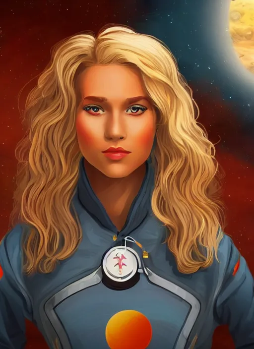 Prompt: young Plejaden woman with wavy blonde hair in a retro spaceship with large windows lands on mars, detailed digital art, trending on Artstation