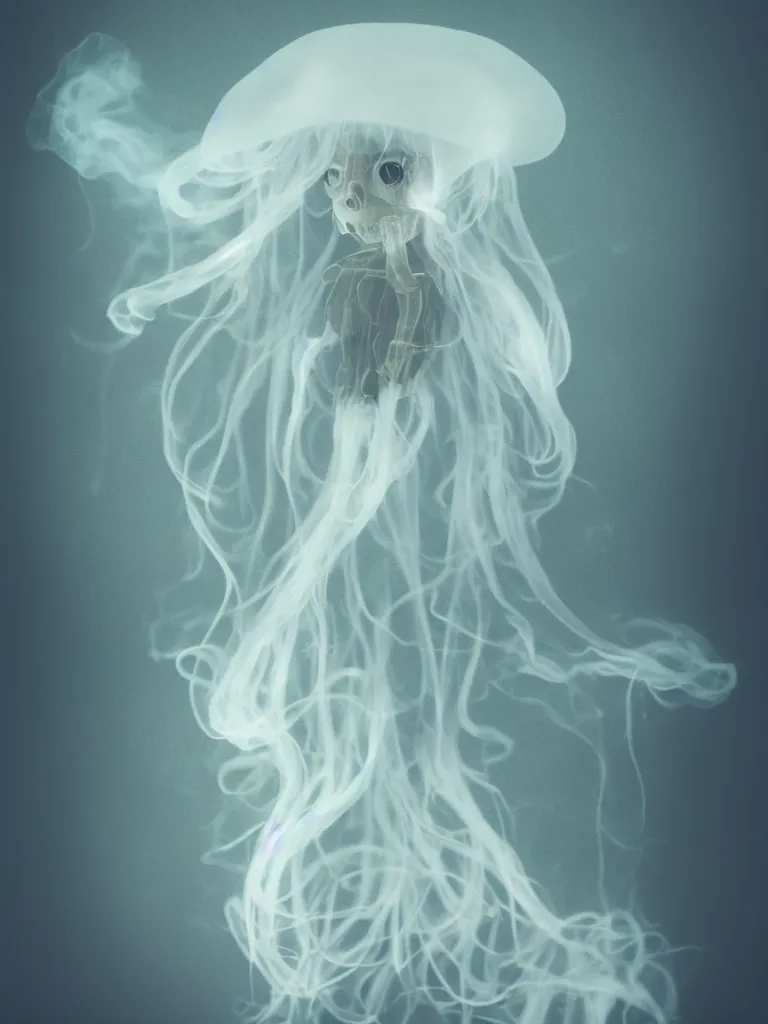 Prompt: cute fumo plush beautiful ectoplasmic gothic skeletal jellyfish ghost girl, glowing milky wisps of hazy smoke and volumetric fog, lens flare, subsurface scattering, vignette, asymmetry, bokeh, refraction, vray