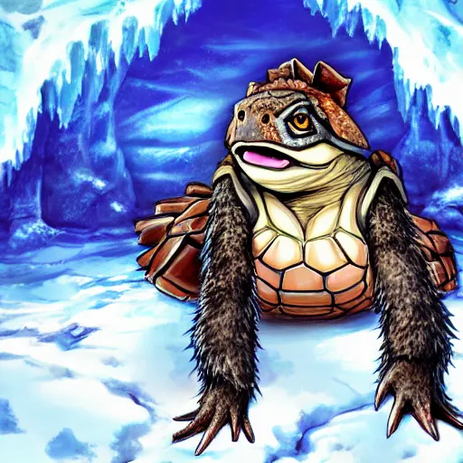 Image similar to key anime visual portrait of a anthro turtle furry with beautiful eyes, wearing furs, ice cave, official modern animation