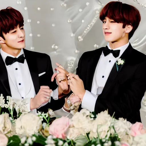 Image similar to jungkook and taehyung of bts getting married in las vegas, 8 k, ultra realistic, closeup