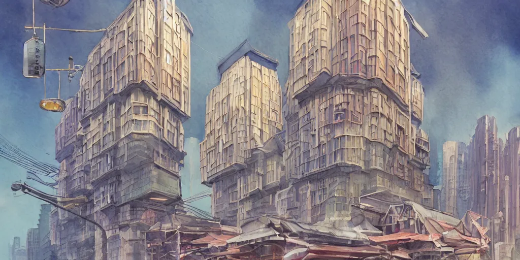 Image similar to shanghai buildings, stylized, exterior, architecture, in watercolor gouache detailed paintings, insanely detail, artstation, 8 k, futuristic, big medium small, arcane, simon stalenhag, food stall, interesting shapes & form, golden ratio, megastructures, vitaly bulgarov, mall