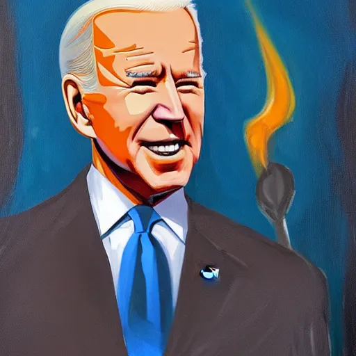 Image similar to a painting of joe biden with devil horns