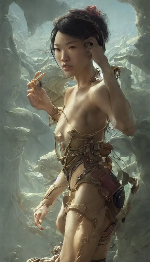 Image similar to epic masterpiece michelle ang, sweaty skin, hyperrealistic, octane render, cinematic, beautiful face and flawless skin, perfect hands, 5 fingers, by edgar maxence and ross tran and michael whelan, legends of runeterra