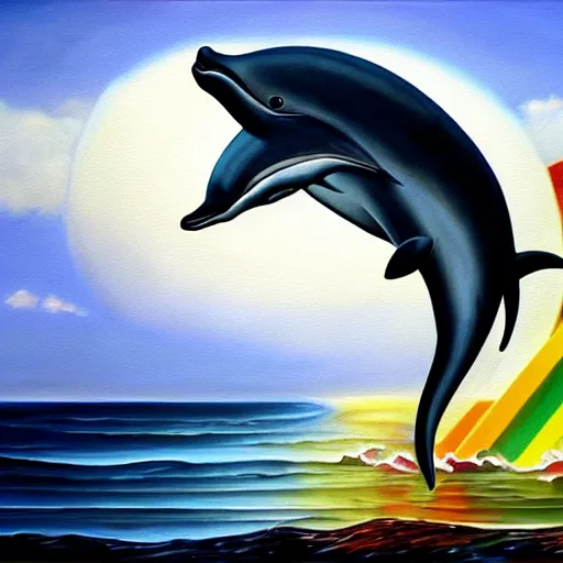 Image similar to a hyper realistic painting of the grim reaper riding a dolphin over a rainbow, highly detailed, vivid color,