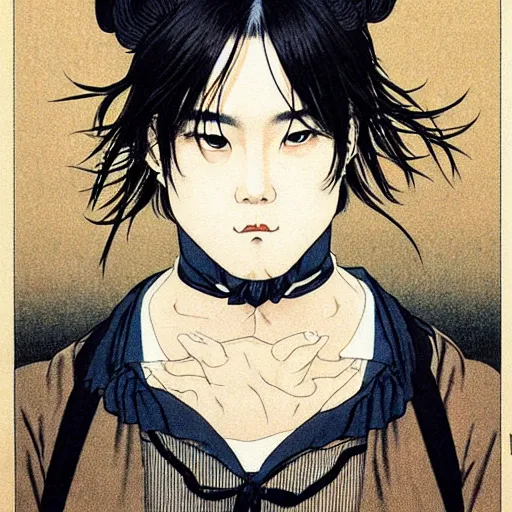 Prompt: painting of grumpy handsome beautiful man named min - jun in a french maid outfit, elegant, clear, painting, stylized, delicate facial features, soft, art, art by takato yamamoto