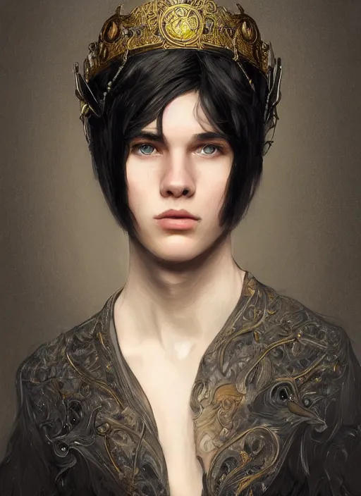 Prompt: portrait of teen Gavin Mcinnes, medium black hair, Nordic crown, black suit, fantasy, intricate, elegant, realistic, highly detailed, digital painting, artstation, concept art, smooth, sharp focus, illustration, art by artgerm and greg rutkowski and alphonse mucha