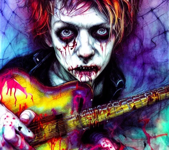 Image similar to zombie punk rocker playing guitar by agnes cecile, brian froud, intricated details, full body portrait, extremely luminous bright design, horror, pastel colours, toxic drips, autumn lights, rule of thirds by francis tneh