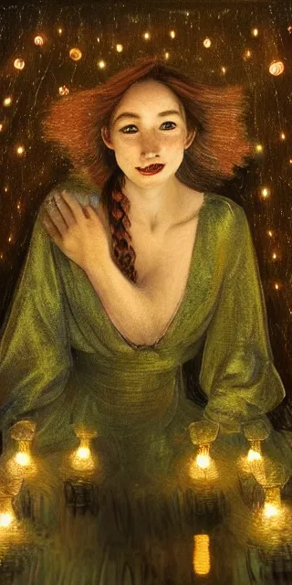 Image similar to a totally enraptured smiling young woman surrounded by golden firefly lights in a mesmerizing scene, sitting amidst nature fully covered, intricate detailed dress, long loose red hair, precise linework, accurate green eyes, small nose with freckles, smooth oval head, expressive emotions, hyper realistic ultrafine portrait by artemisia gentileschi, jessica rossier, artgerm