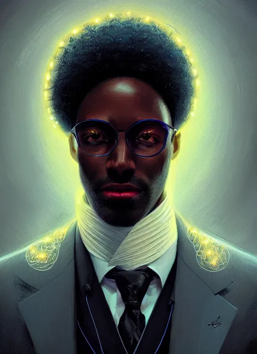 Image similar to portrait of handsome black man in tailored suit with telekinetic powers, afro - futurist style, intricate three dimensional displays, elegant, glowing lights, highly detailed, digital painting, artstation, concept art, smooth, sharp focus, illustration, art by wlop, mars ravelo and greg rutkowski