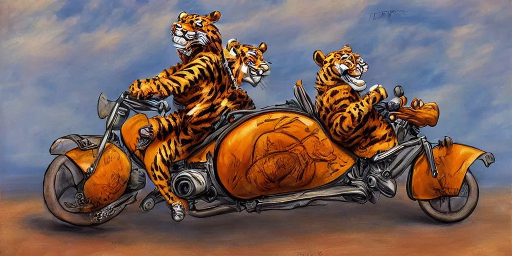 Image similar to tony the tiger riding a motorcycle, highly detailed fur, painted by salidor dali