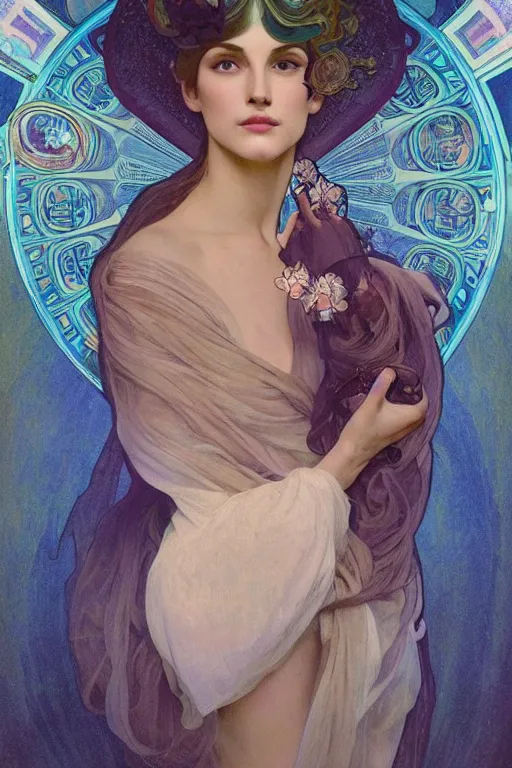 Image similar to an esoteric woman, blending into dust with a beautiful face!!! cinematic lightning, isolated, studio lighting by alphonse mucha and tom bagshaw